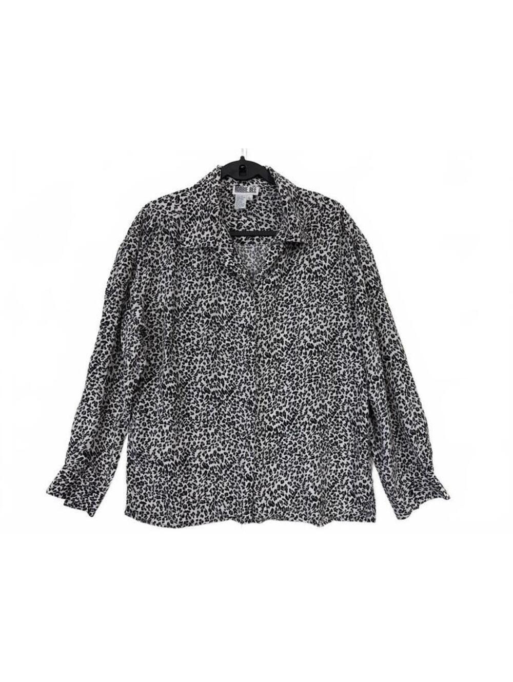 Robbie Bee Leopard Print 100% Silk Blouse Women’s L Shoulder Pads Button Down